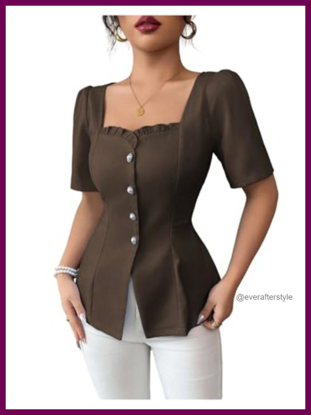Puff Sleeve Peplum Square Neck Flare Hem Dressy Casual Blouse Top